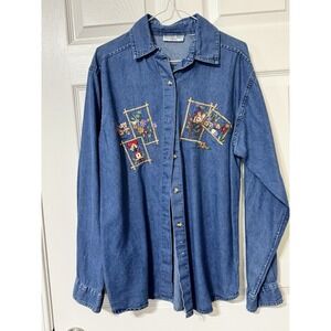 Vtg Victoria Jones Denim Shirt Women's S/M Petite Embroidered Western Boho
